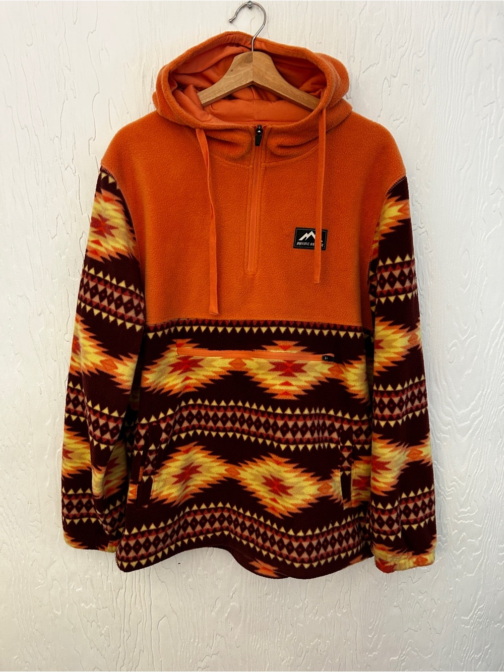 MASSIVE OUTDOOR‎ Polar Fleece Hoodie Orange Men's Large Aztec Southwestern Cabin